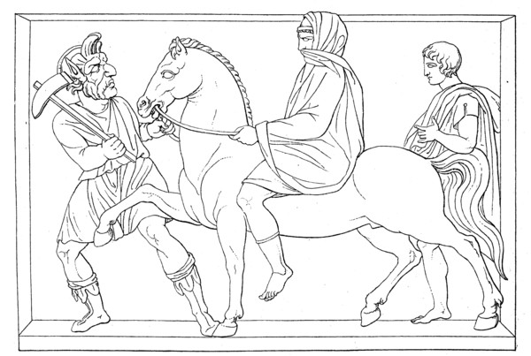 The Etruscan death god Charon drags a nobleman accompanied by a servant away to slay him  /  Der etrusikische Todesgott Charon schleppt einen von einem Diener begleiteten Vornehmen fort