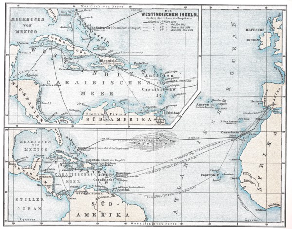 historical map with an overview of Christopher Columbus travels  /  historische Landkarte mit einer Übersicht zu den Reisen des Christoph Kolumbus