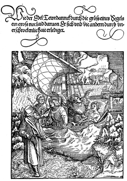 From the Theuerdank: Theuerdank leaves on the advice of malicious Unfalo to large sails in a storm cut