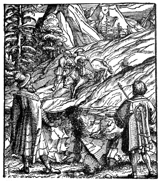 From the Theuerdank: On the advice of a Unfalo Baier 1517 brings the horse from Theuerdank to dangerous place to be shy