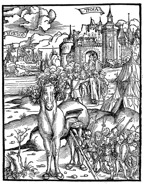 The Trojan horse. The Greeks get into the wooden horse at the siege of Troy  /  Das trojanische Pferd. Die Griechen steigen in das hoelzerne Pferd bei der Belagerung von Troja