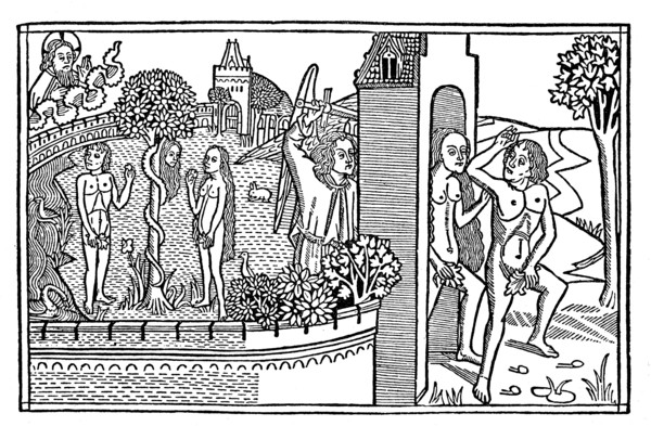 The Fall and the expulsion from Paradise. From the Coelner Bible