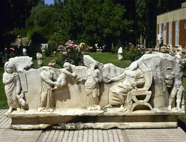 Family scene, Roman sarcophagus decorated with reliefs,