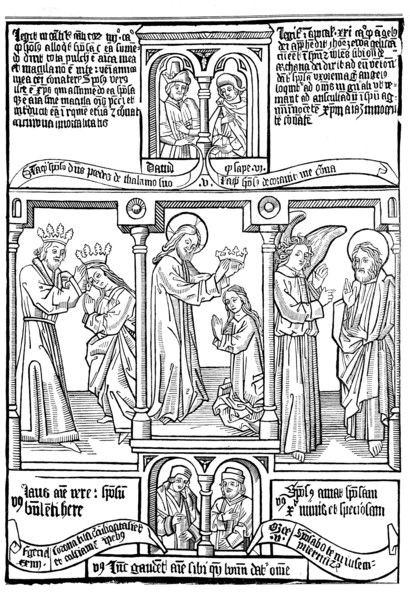 episodes from a block-book Biblia Pauperum illustrating typological correspondences between the Old and New Testaments  /  Ein Blatt der Armenbibel