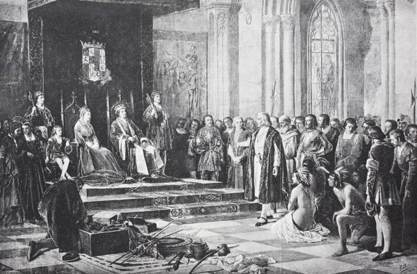 Christopher Columbus after returning from his first trip in front of the Spanish royal couple in Barcelona