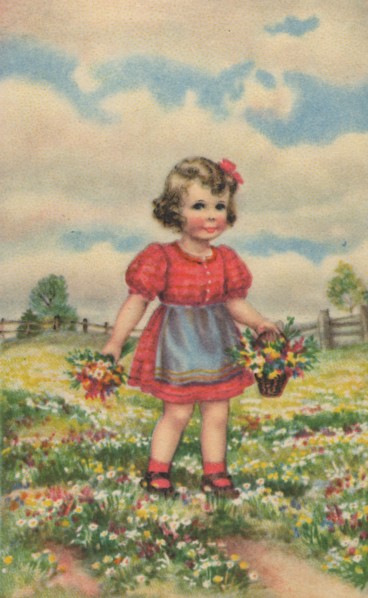 Historical postcard with a happy girl on the meadow