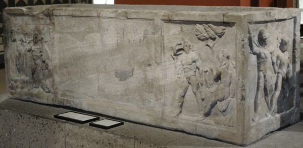 Roman sarcophagus of the veteran Vitalis, with scenes from Greek mythology about Hercules and Theseus.