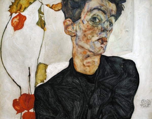Self-portrait with Chinese Lantern Plant.