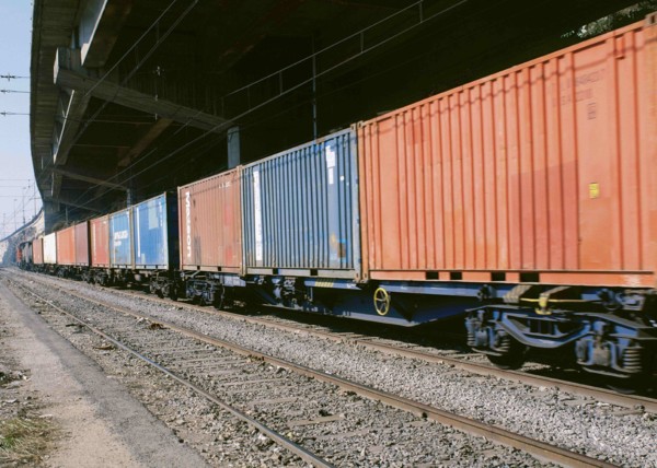 Merchandise train loaded with containers.