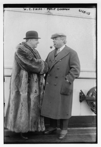 No date - W.C. Fields, wearing a fur coat, and Philip Goodman on board a ship