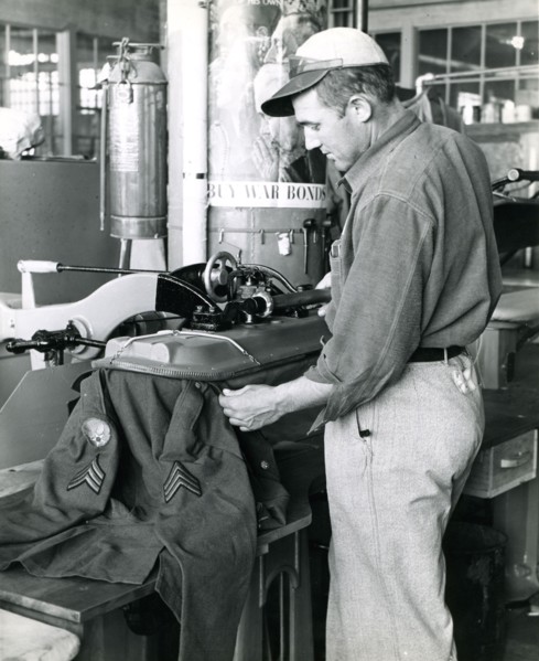 August 1943 - Prisoner at the U.S. Penitentiary at Alcatraz does War Work by repairing and dry cleaning uniforms for the Army Quartermasters Department.