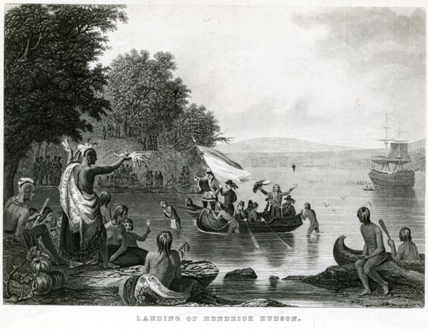 Native-Americans greet explorer Henry (Hendrick) Hudson, 1609, as depicted in a 1909 book illustration.