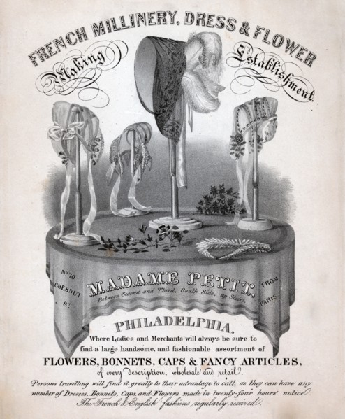 French millinery, dress & flower making establishment circa 1845.