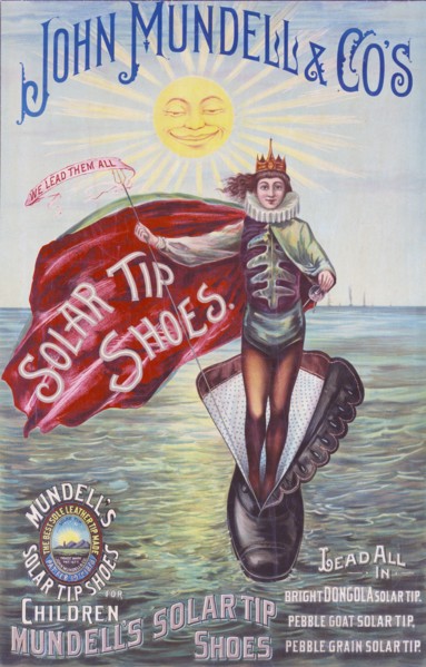John Mundell & Co's solar tip shoes Lead all in bright Dongola solar tip, pebble goat solar tip, pebble grain solar tip. circa 1889.