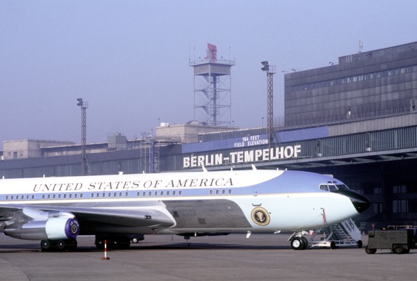 Air Force One, the VC-137C Stratoliner aircraft used to transport the president, sits in a roped-off area near the terminal building at Tempelhof Central Airport during President Reagan's visit to Ber...