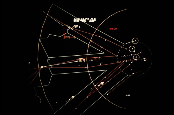 A graphics display on the Tempelhof Automated System (TAS) computer screen depicting a map of Berlin air space.  TAS is part of the Berlin Air Route Traffic Control Facility, operated by the 1946th In...
