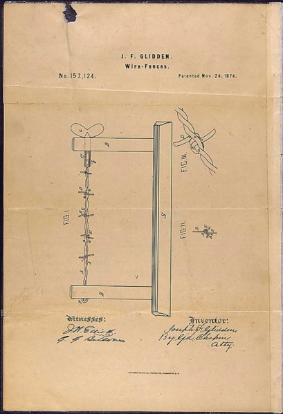 Patent Drawing for Joseph F. Glidden's Improvement to Barbed Wire 1874 .