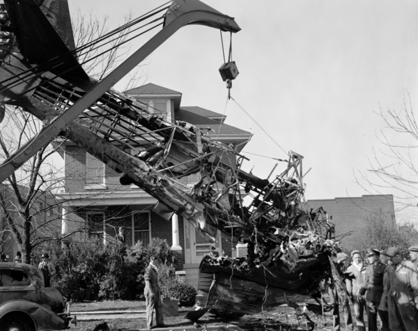 Plane crash in the street in Anacostia, a short distance from Bolling Field circa 1938.