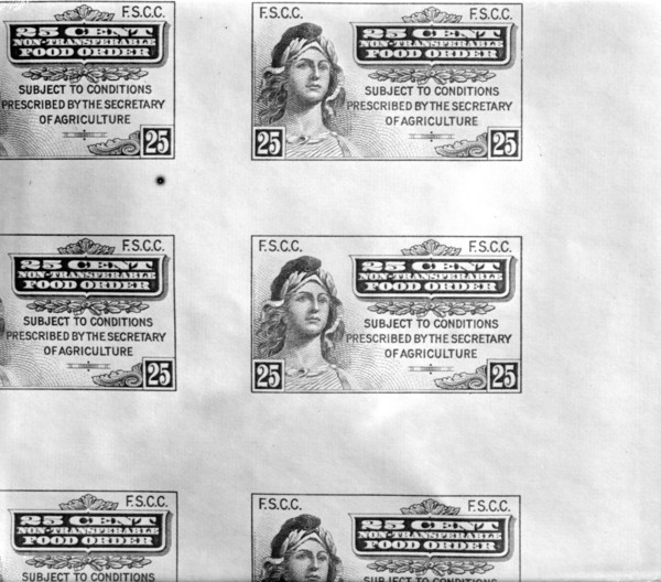 The first of the new surplus food stamps came of the presses at the Bureau of Engraving and Printing today (April 20, 1939) .