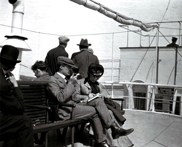 Passengers on the upper deck of the steamship Alberta, taken 1907.