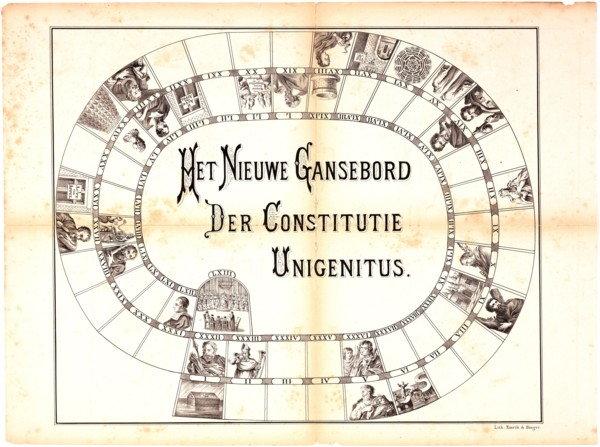 Bordspel 'Het nieuwe gansebord der constitutie Unigenitus' Een ganzenbordspel met verschillende bijbelse en kerkhistorische taferelen.  / Board game 'The new whole board of constitution Unigenitus' - ...