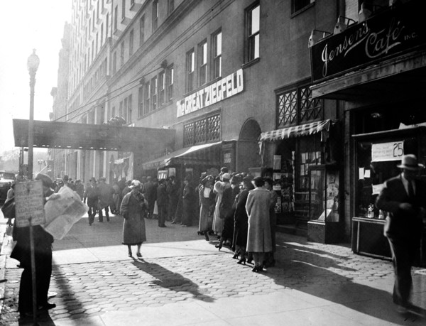 Urban street scene outside theater where The Great Ziegfeld will be performed circa 1936.