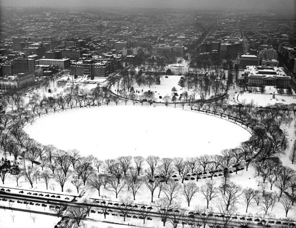 Aerial view of White House in snow, Washington, D.C. circa 1934.