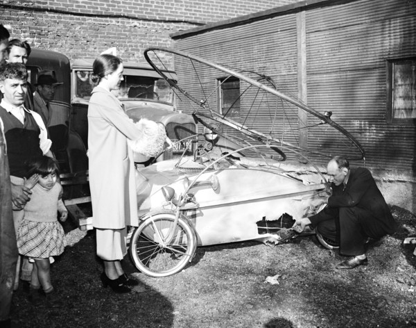 This is what is left of a tri-phibian, a device intended to fly in the air, run on the highway, or through the water. The inventor, Mr. Viachos of Washington, was in it when it blew up.  circa 10/25/1...