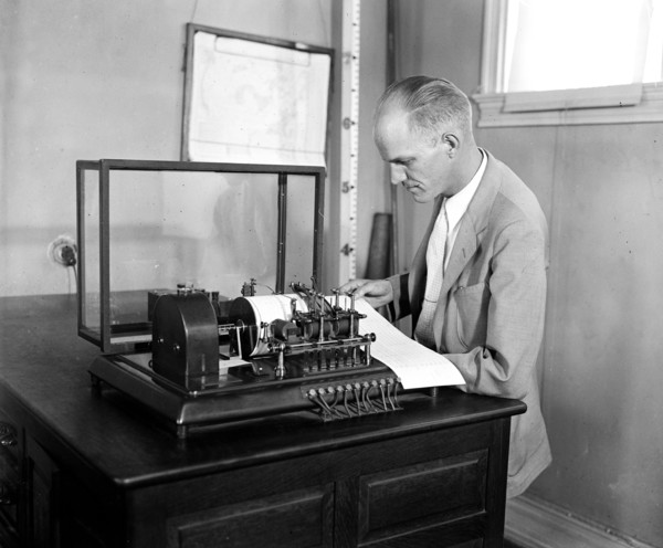 Weather Bureau, meteorgraph to see how fast the wind is blowing circa 1936.