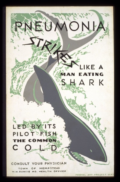 Pneumonia strikes like a man eating shark led by its pilot fish the common cold Consult your physician circa 1937.