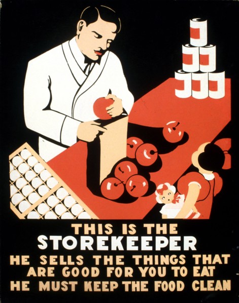 This is the storekeeper He sells the things that are good for you to eat : He must keep the food clean circa 1936-1937.