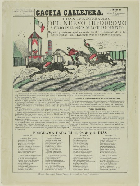 1893 Art Work -  The Street Gazette: Grand Inauguration of the New Racetrack Situated on Penon Hill in Mexico City - Jose Guadalupe Posada.