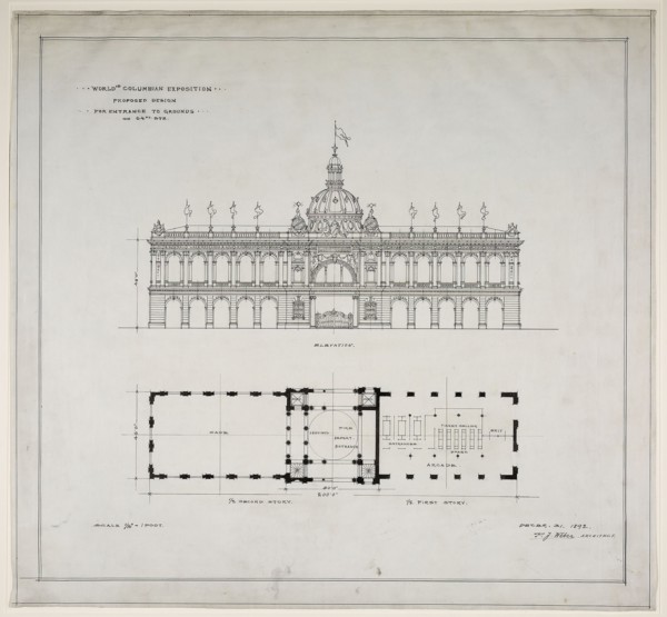 1892 Art Work -  World's Colombian Exposition 64th Street Entrance; Chicago; Illinois; Plan and Elevation Peter Joseph Weber (Architect).