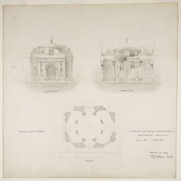 1893 Art Work -  World's Colombian Exposition Chocolate-Menier Pavilion; Chicago; Illinois; Plan; Elevation; and Section Peter Joseph Weber (Architect).