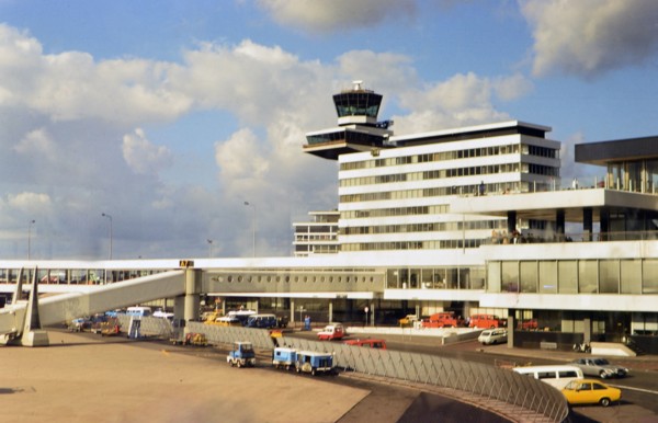 Schiphol Amsterdam airport in Netherlands - Building next to the control tower is the current KLM crew center circa 1975  or earlier.