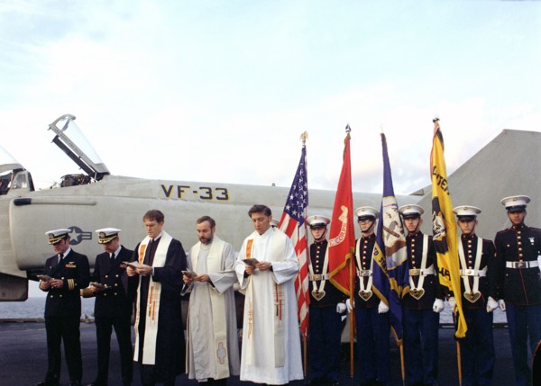 Memorial service on the flight deck of the aircraft carrier USS INDEPENDENCE