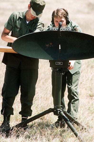 1978 - U.S. Army ground radar technicians operate an AN/PPS-5 combat surveillance radar systems.