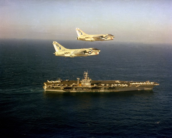 1979 - An aerial starboard view of the nuclear-powered aircraft carrier USS NIMITZ