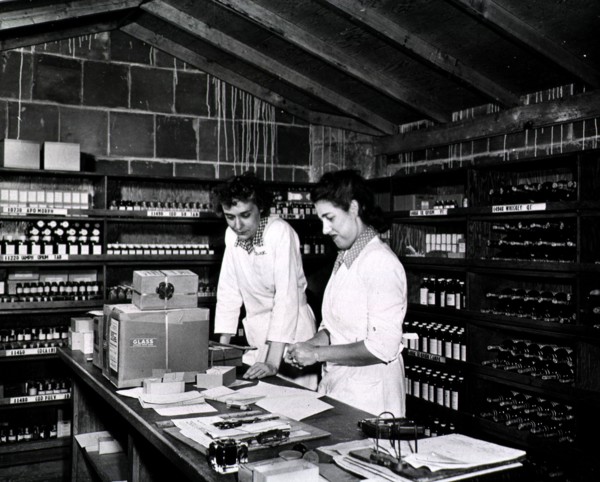 Interior view of an unspecified Army pharmacy 1940s.