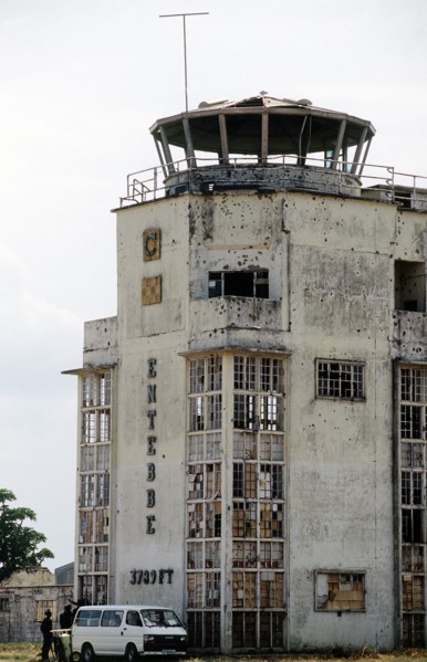Bullet marked control tower at Entebbe International Airport