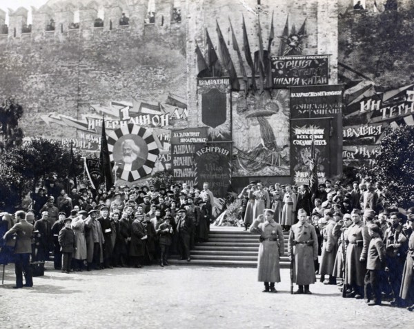 Lenin with comrades at a May Day rally in Red Square, May 1919