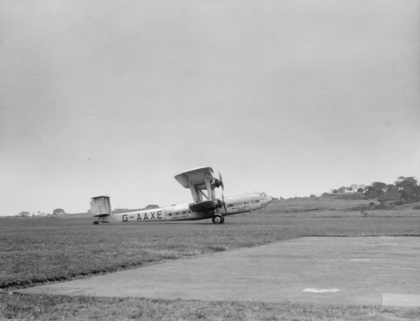 Handley Page H.P. 42 or H.P. 45 Airplane taking off at an airport in Uganda ca. 1936