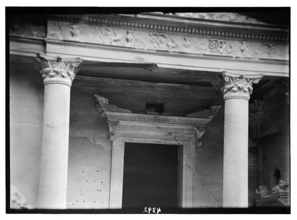 Elaborate consoled cornice. Above lintel of main doorway in Petra, El-Khazneh ca. 1920
