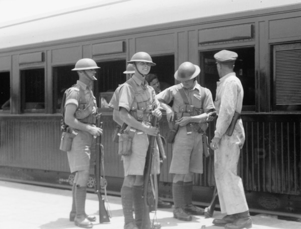 British troops on guard at Lydda Israel train station during the Palestine disturbances of 1936