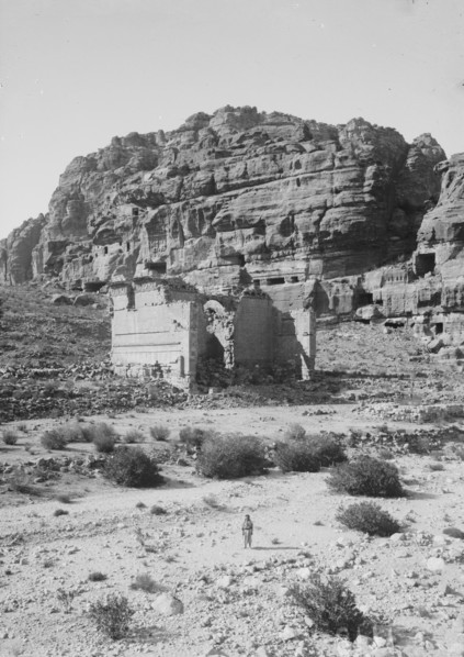 Petra in Transjordan. Temple of Kasr Fir'aun view from the northeast ca. 1900