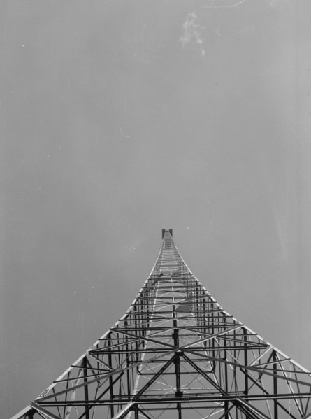 Looking up at radio tower at the International Broadcasting Station in  Ramallah ca. between 1934 and 1939