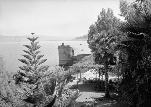 The Lido Terrace in Galilee showing ruins of an ancient crusader tower ca. between 1940 and 1946