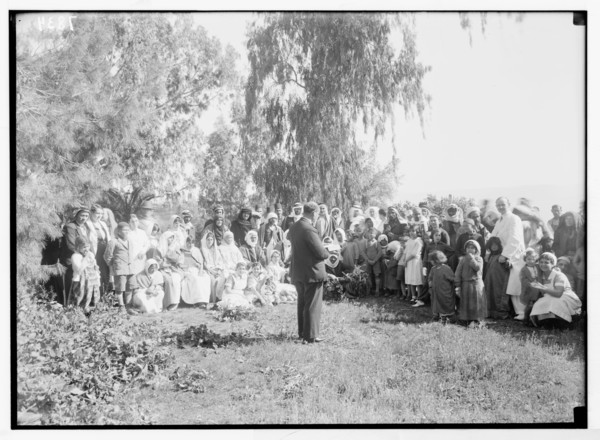 Scots Mission Hospital, Tiberias. Morning church service to a gathering of out-patients (Rev. Abdullah) ca. between 1934 and 1939