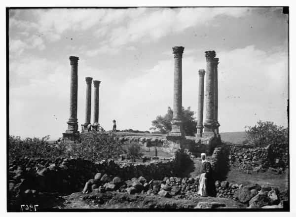 1930s Kanawat: Man standing in front of ruins of early church in the form of a Roman basilica ca. 1938