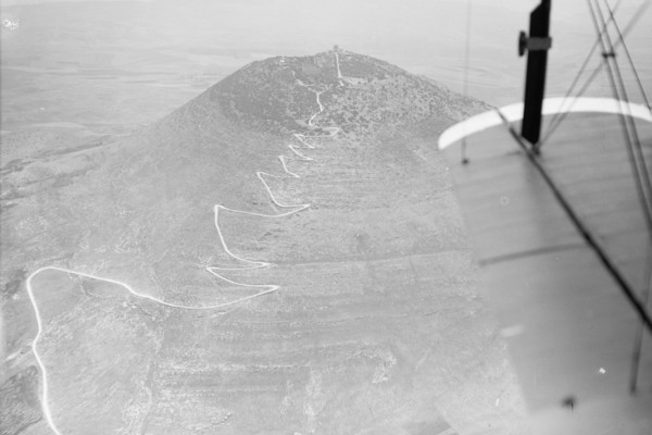 Aerial view of zig-zag motor road up a mountain in Israel (probably Mt. Tabor) ca. 1937